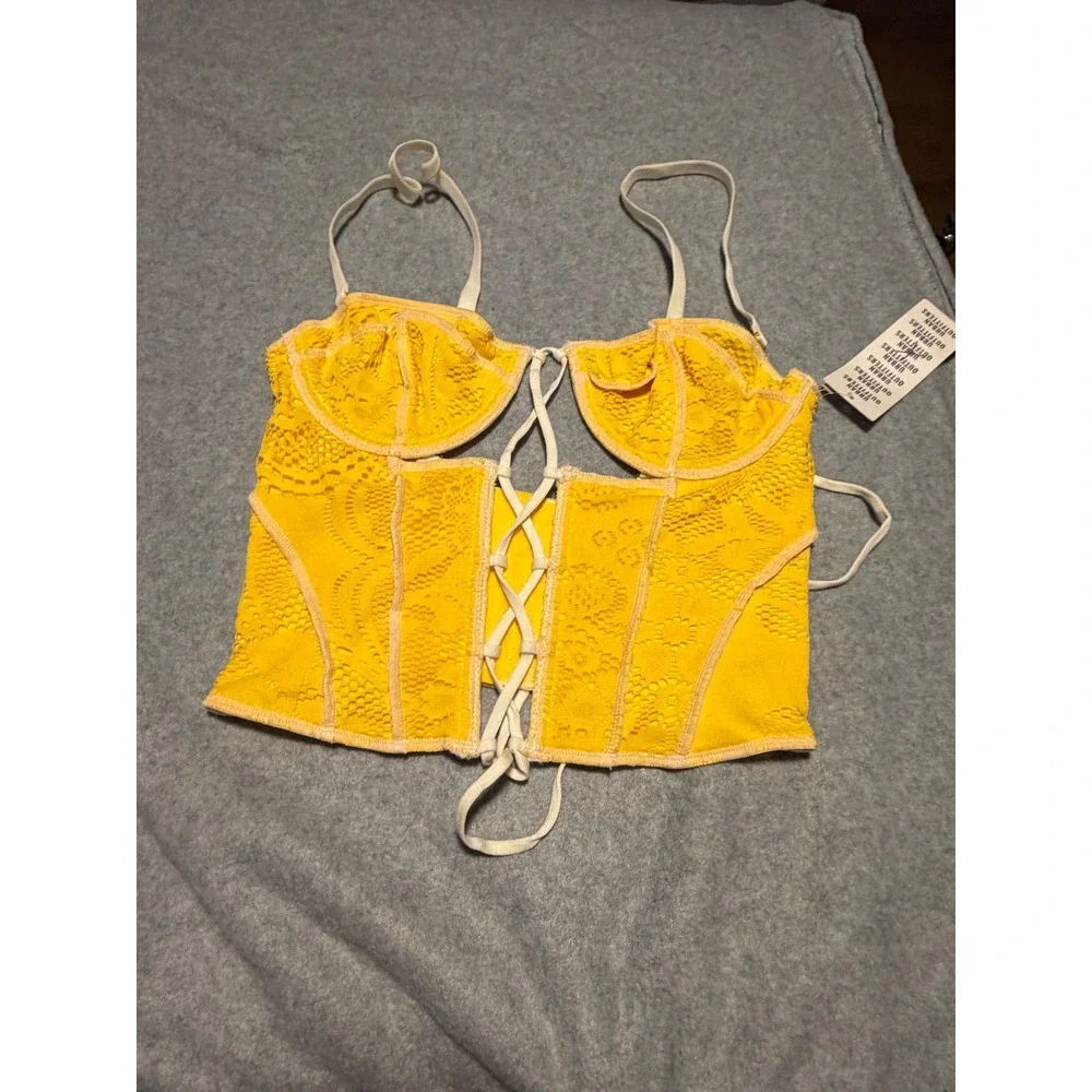 Urban Outfitters Yellow Lace Corset Top Underwire Lace Up Bustier Top OB1451091